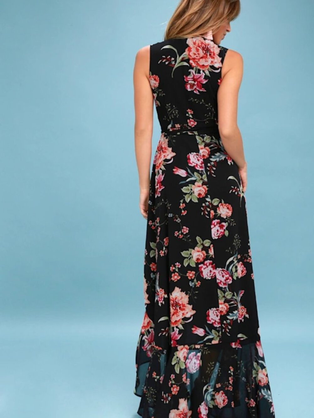 Lulus Tawny Black Floral Print Wrap Maxi Dress - Size Medium - Picture 3 of 11